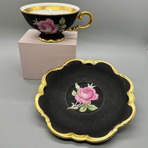 VGUC Vintage Cup & Saucer by JKW Carlsbad West Germany. Black matte, roses, gold